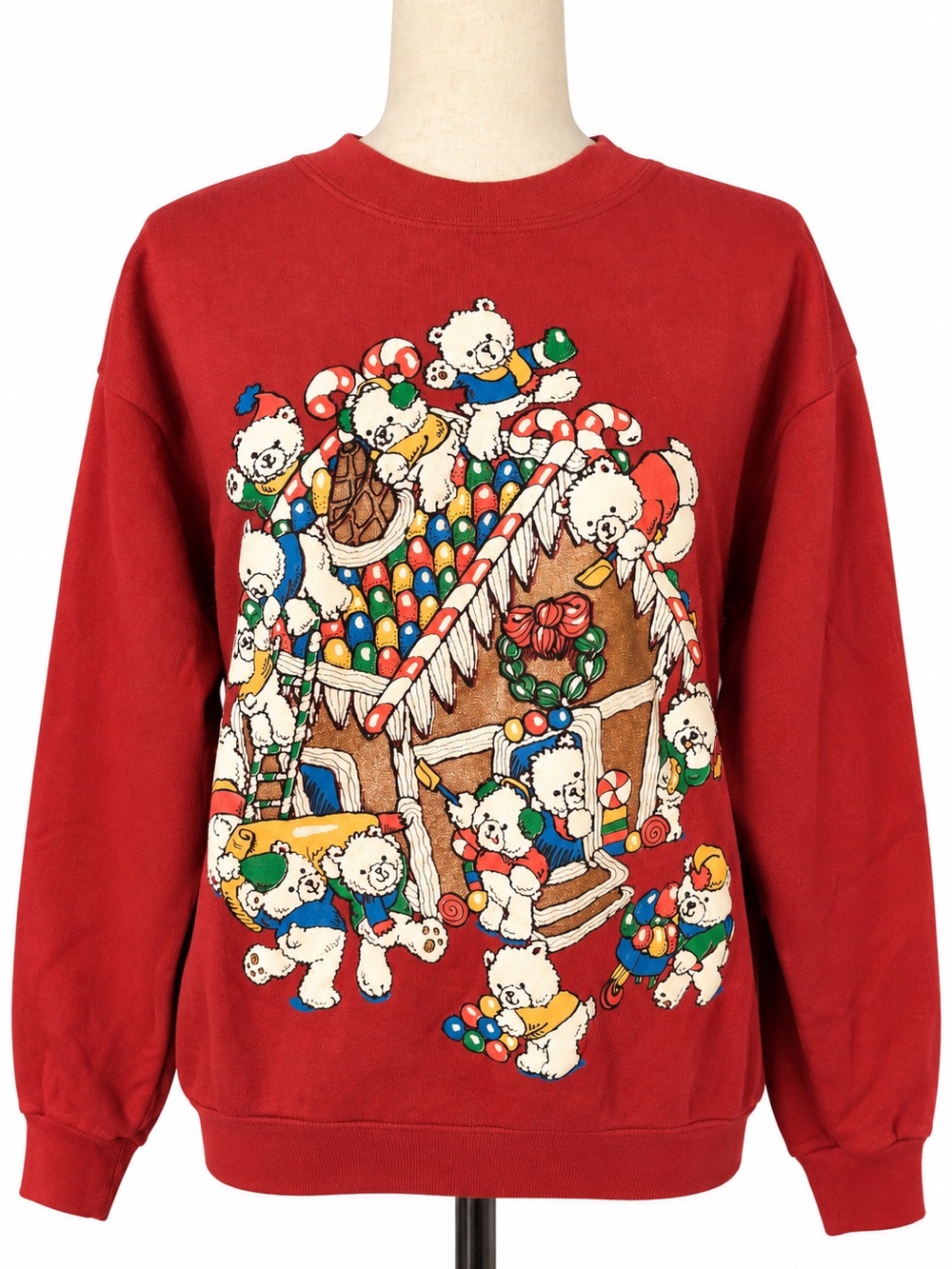 Vintage Teddy bear Christmas / holiday sweatshirt-red w gingerbread house- L